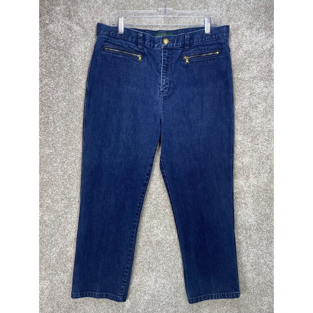 Lauren Ralph Lauren Straight Leg Jeans Women 14 Blue Dark Wash High Rise Stretch